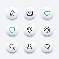 Basic web linear icons set, gear, settings, login, security, favourite, contact us, profile, users, chat, mail vector