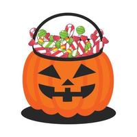 Free Jack O Lantern Pumpkin bucket with various candy vector flat design art in cute style and smiling face. perfect for halloween content material element or icon ready to use editable