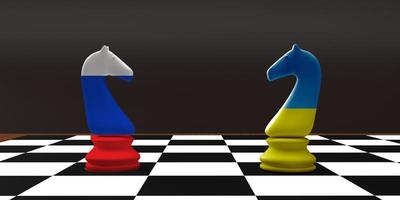 Russia ukraine flag knight chess icon conflict battle fight force business economy strategy politic military soldier army war relation partnership democracy government international peace.3d render photo