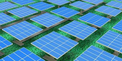 Sun Solar cell energy fuel power station electric alternator sustainable photovoltaic panel on grass farm field decoration symbol green clean environment technology system industry.3d render photo