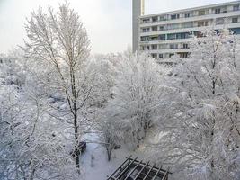 Snowy winter snow and ice landscape panorama view Bremerhaven Germany. photo