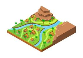 isometric village with traditional house vector
