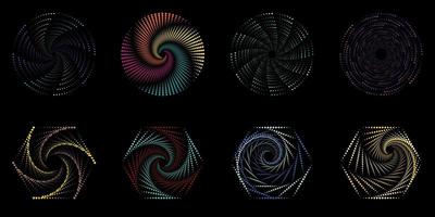 conjunto de elementos geométricos de vórtice espiral punteado aislado sobre fondo negro vector