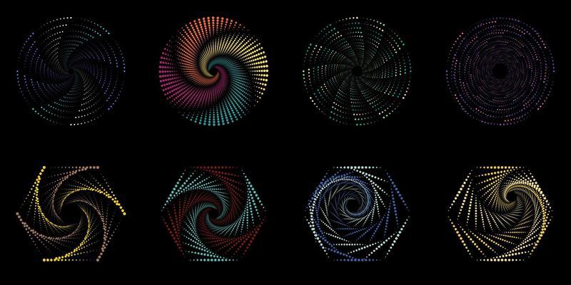 Set of dotted spiral vortex geometric elements isolated on black background