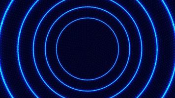 líneas de movimiento radial abstractas círculos azul neón brillante efecto de iluminación luminosa rayos de energía brillante con partículas de puntos sobre fondo oscuro vector