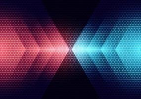 Abstract technology futuristic concept red and blue light arrows on hexagons pattern background vector