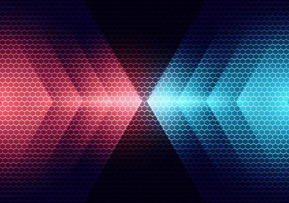 Abstract technology futuristic concept red and blue light arrows on hexagons pattern background