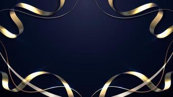 Abstract 3D elegant golden ribbon wave curved lines frame and lighting effect on dark blue background vector