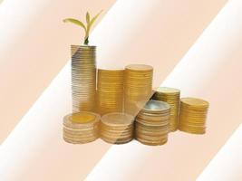 The silver and gold coins are stacked, and the green seedlings are booming. White background gives ideas for business growth, finance, savings, interest, feel wealth in life. photo