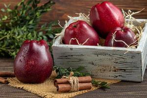 manzanas rojas sobre un fondo oscuro de madera. enfoque selectivo. cosecha. comida sana. foto