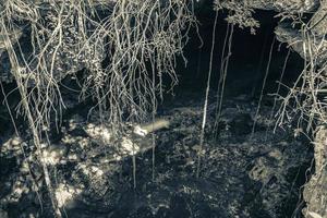 Blue turquoise water limestone cave sinkhole cenote Tajma ha Mexico. photo