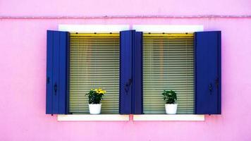 dos ventanas azules en la pared de color rosa foto