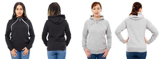 girl in stylish black hoodie isolated on white background girl in grey hood front and back view isolated photo