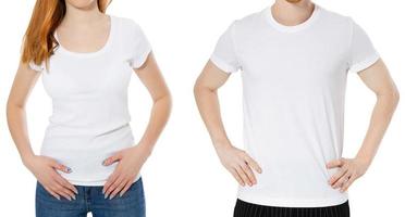 Close up Young male female people wearing t-shirts on white background photo