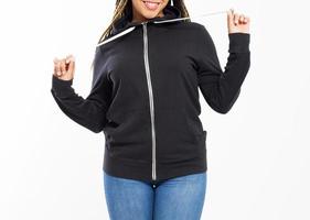 Happy Afro American Girl In Black Sweatshirt On White Background Isolated. Black Woman in hoodie mock up cropped image photo