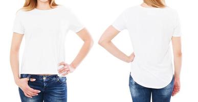 two woman t shirt isolated, girl pointed on blank t-shirt,copy space,mock up photo