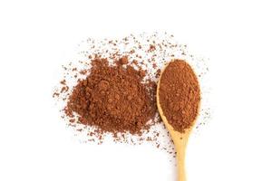 Top view Pile of Cocoa powder in wooden spoon isolated on white photo