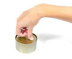 hand open canned food isolated on white background photo
