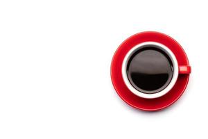 Top view black coffee or Americano in red cup isolated on white photo