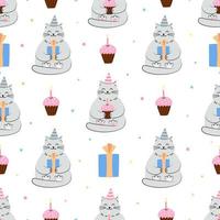 seamless pattern with cats with birthday cupcakes and gift boxes. Hand drawn flat illustration. Great for wrapping paper. vector