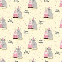 Vector seamless pattern with cats and birthday cakes. Hand drawn flat illustration and Happy Birthday lettering. Great for wrapping paper.