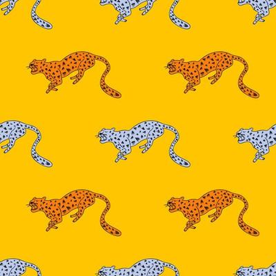Decorative seamless pattern with doodle cute leopard. Hand drawn cheetah endless wallpaper.