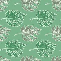 Scribble monstera leaves tropical seamless pattern. Hand drawn exotic hawaiian jungle backdrop. Rainforest background. vector