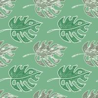 Scribble monstera leaves tropical seamless pattern. Hand drawn exotic hawaiian jungle backdrop. Rainforest background. vector