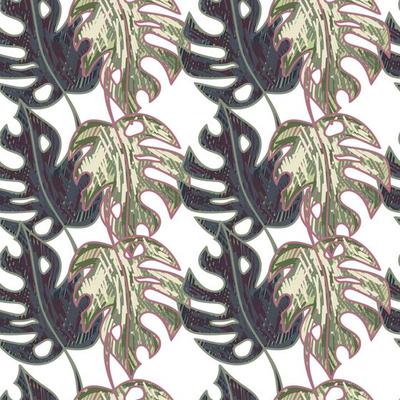 Scribble monstera leaves tropical seamless pattern. Hand drawn exotic hawaiian jungle backdrop. Rainforest background.