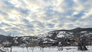 Blue sky with clouds. Road, exit from the occupied territories. War in Ukraine. Escape from the aggressor. photo