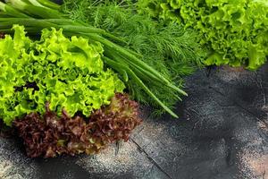Fresh vegetables for salad. Tomatoes and lettuce, cucumbers with zucchini and cabbage with dill. Spring harvest, benefits and vitamins. On a dark background. photo