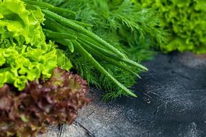 Fresh vegetables for salad. Tomatoes and lettuce, cucumbers with zucchini and cabbage with dill. Spring harvest, benefits and vitamins. On a dark background. photo