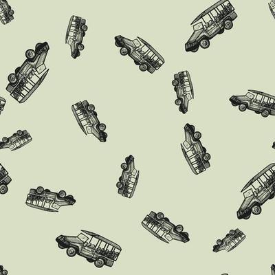 Safari bus engraved seamless pattern. Vintage adventure off road car in hand drawn style.