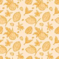 Engraving lemons seamless pattern. Vintage background with whole lemon, sliced, half, leaf, flowers and seed in hand drawn style. vector