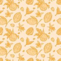 Engraving lemons seamless pattern. Vintage background with whole lemon, sliced, half, leaf, flowers and seed in hand drawn style. vector