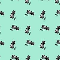 Microphone engraved seamless pattern. Music equipment for studio in hand drawn style. vector
