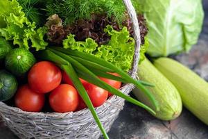 Fresh vegetables for salad in a basket. Tomatoes and cucumbers with zucchini and cabbage with dill. Spring harvest, benefits and vitamins. On a dark background. photo