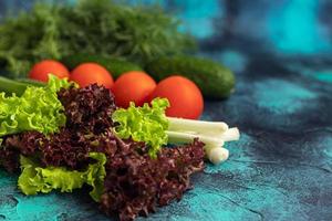 Fresh vegetables for salad. Tomatoes and lettuce, cucumbers with zucchini and cabbage with dill. Spring harvest, benefits and vitamins. On a dark background. photo