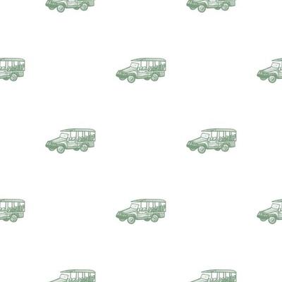 Safari bus engraved seamless pattern. Vintage adventure off road car in hand drawn style.