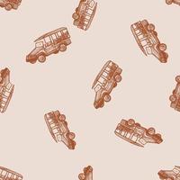 Safari bus engraved seamless pattern. Vintage adventure off road car in hand drawn style. vector