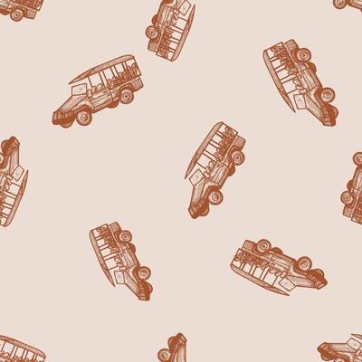 Safari bus engraved seamless pattern. Vintage adventure off road car in hand drawn style.