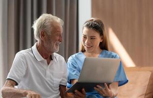 The doctor explains the results of the physical examination and health care program to elderly patients with symptoms of depression. and other complications photo