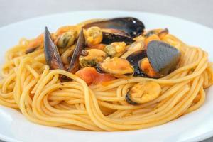 Mussel pasta closeup photo