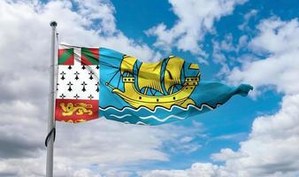 Saint Pierre and Miquelon flag - realistic waving fabric flag. photo