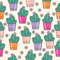 patrón de vector transparente con lindo fondo de plantas en macetas con flores y cactus