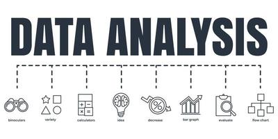 Data analysis banner web icon set. binoculars, flow chart, bar graph, variety, calculators, idea, evaluate, decrease vector illustration concept.