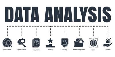 Data analysis banner web icon set. growth, focus, optimization, security, ranking, document, data management, global data vector illustration concept.