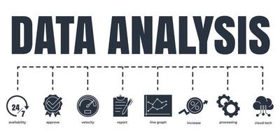 conjunto de iconos web de banner de análisis de datos. aumentar, velocidad, procesamiento, disponibilidad, gráfico de líneas, tecnología en la nube, aprobar, informar el concepto de ilustración vectorial. vector