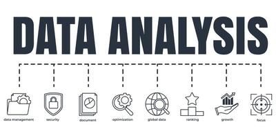 Data analysis banner web icon set. growth, focus, optimization, security, ranking, document, data management, global data vector illustration concept.