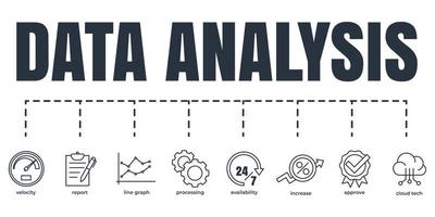 Data analysis banner web icon set. increase, velocity, processing, availability, line graph, cloud tech, approve, report vector illustration concept.